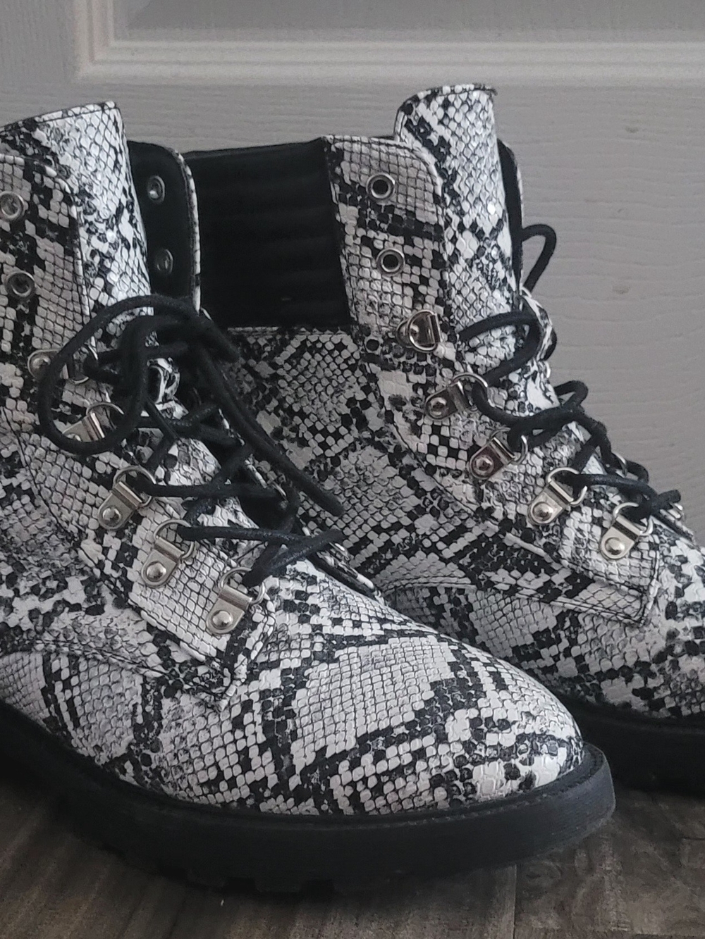 JustFab Black & White Snake-Print Lace-Up Combat Boots